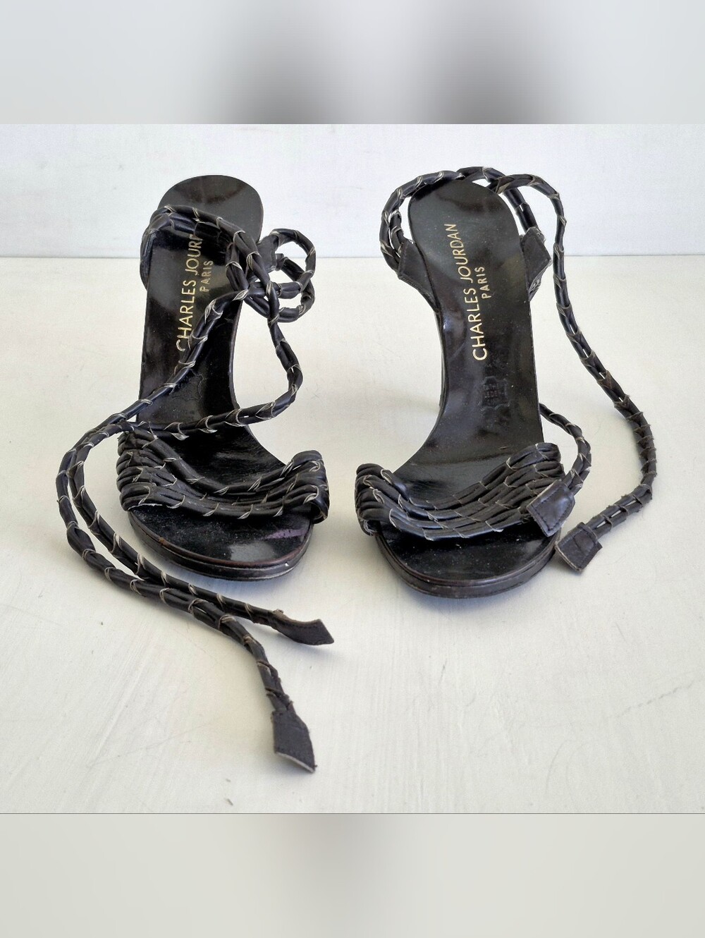 Charles Jourdan Black Braided Wrap-Heel Sandals